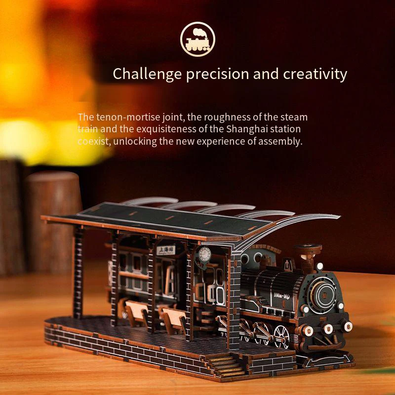 3D Wooden Car Puzzle Retro Steam Train Shanghai Station Engineering Vehicle Model DIY Assembly Kits Toys for Children Kids Gift