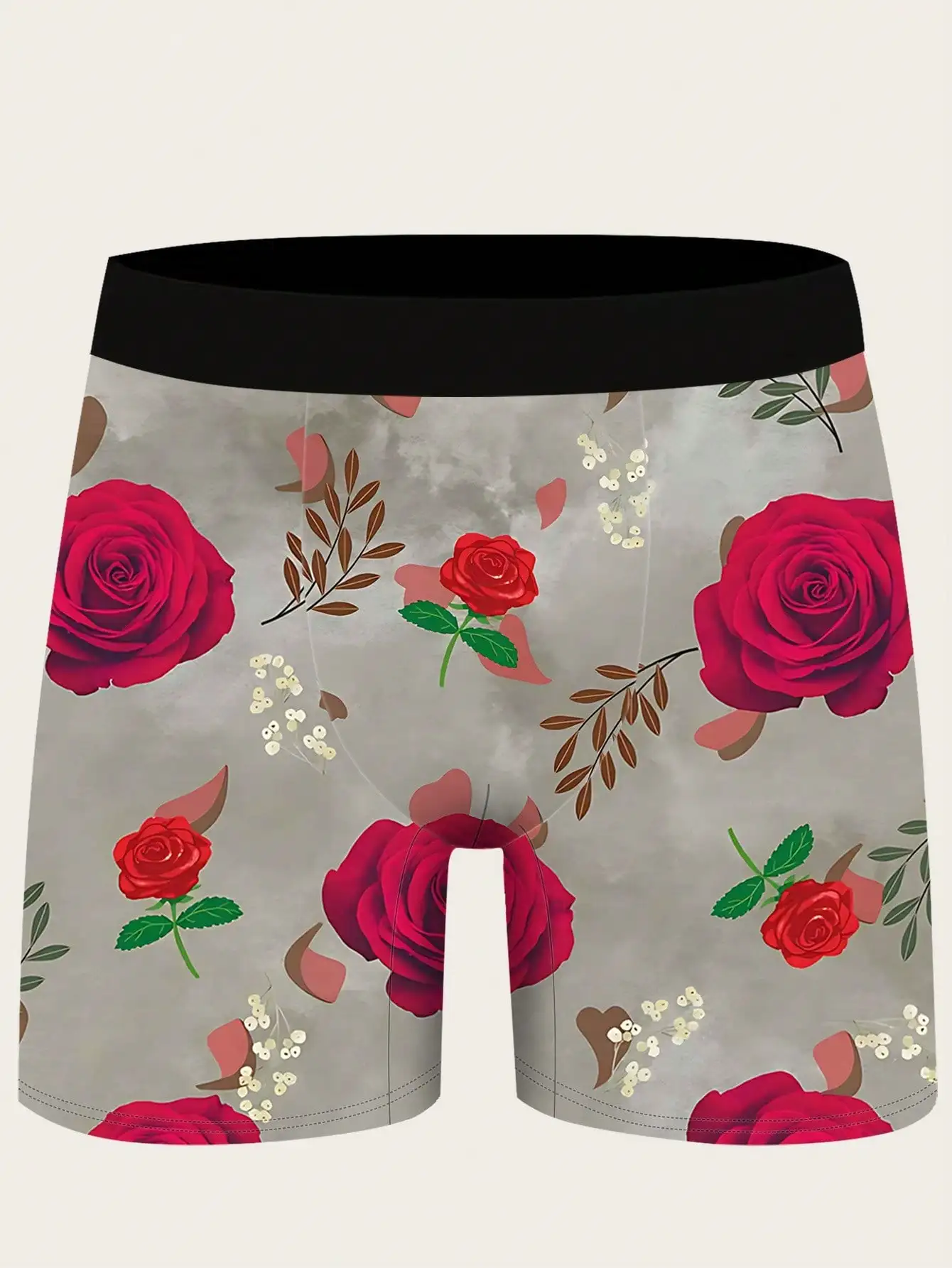 

Mens Polyester Boxer Briefs Floral Rose Print Soft Stretch Comfort Underwear