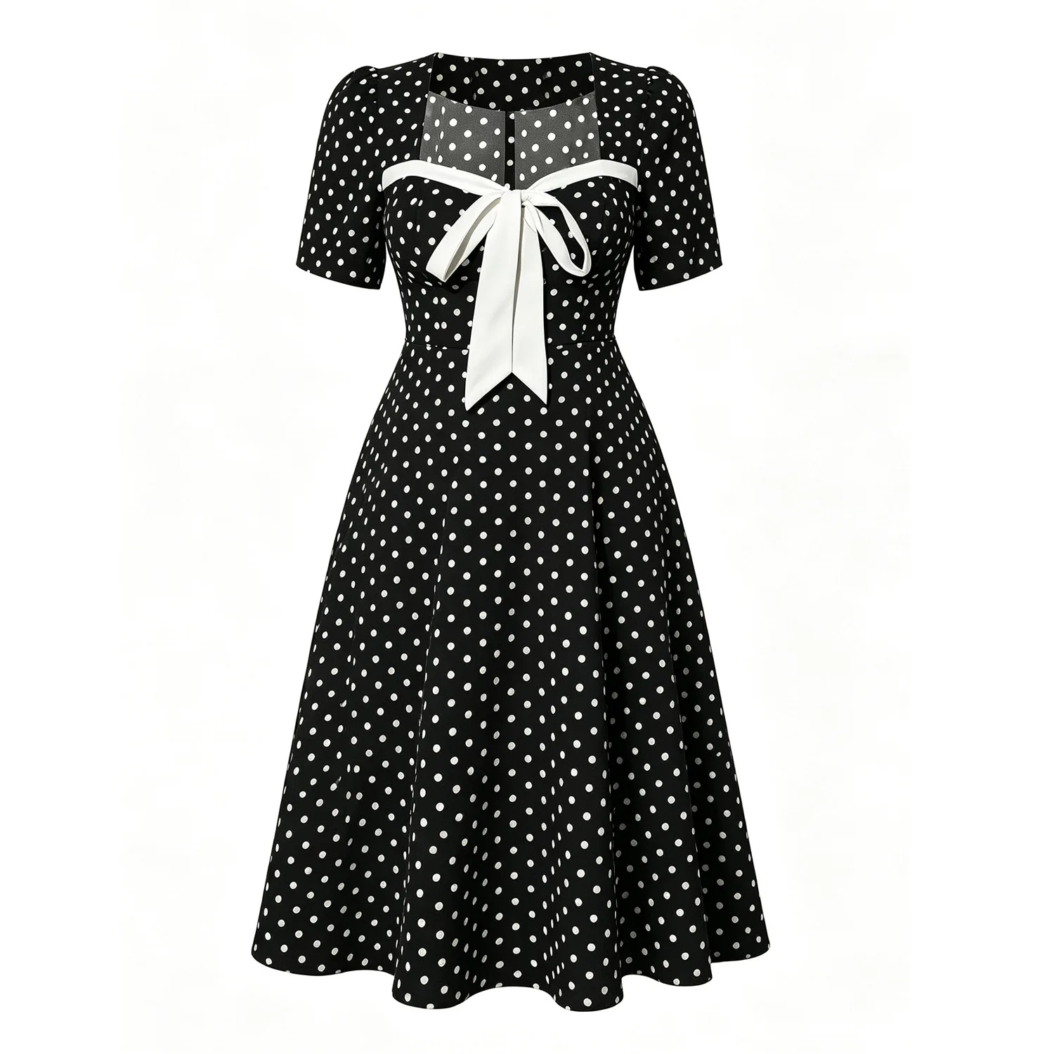 1950s Vintage Polka Dot Dress for Women with Bow Sweetheart Neck Puff Sleeve A-Line Swing Midi Robe Vestidos