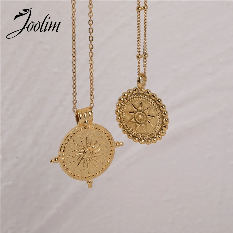 

Joolim Jewelry High Quality Wholesale No Fade Retro Round Sun Burst Pendant Stainless Steel Necklace for Women