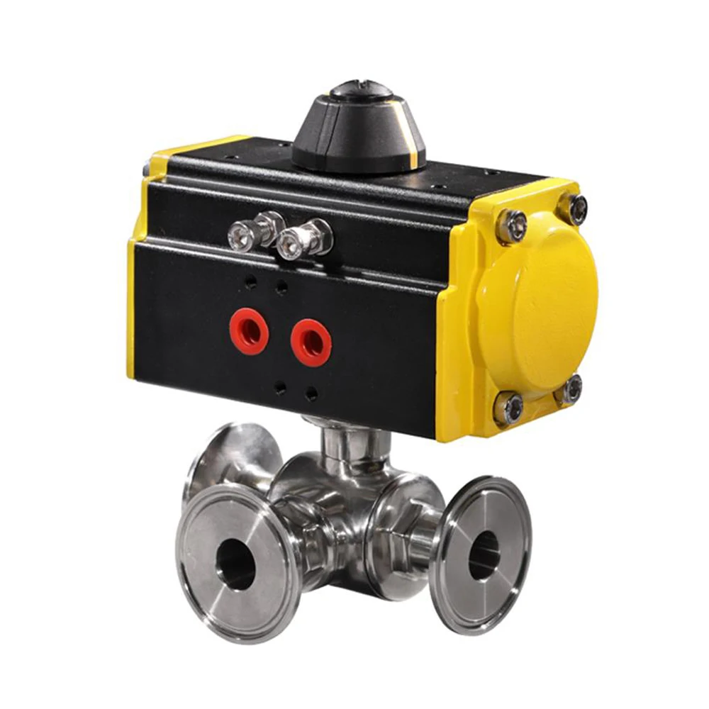 COVNA DN40 1.5 inch 3 Way L Port Tri Clamp Connection SS316 Single Acting Pneumatic Actuator Sanitary Ball Valve