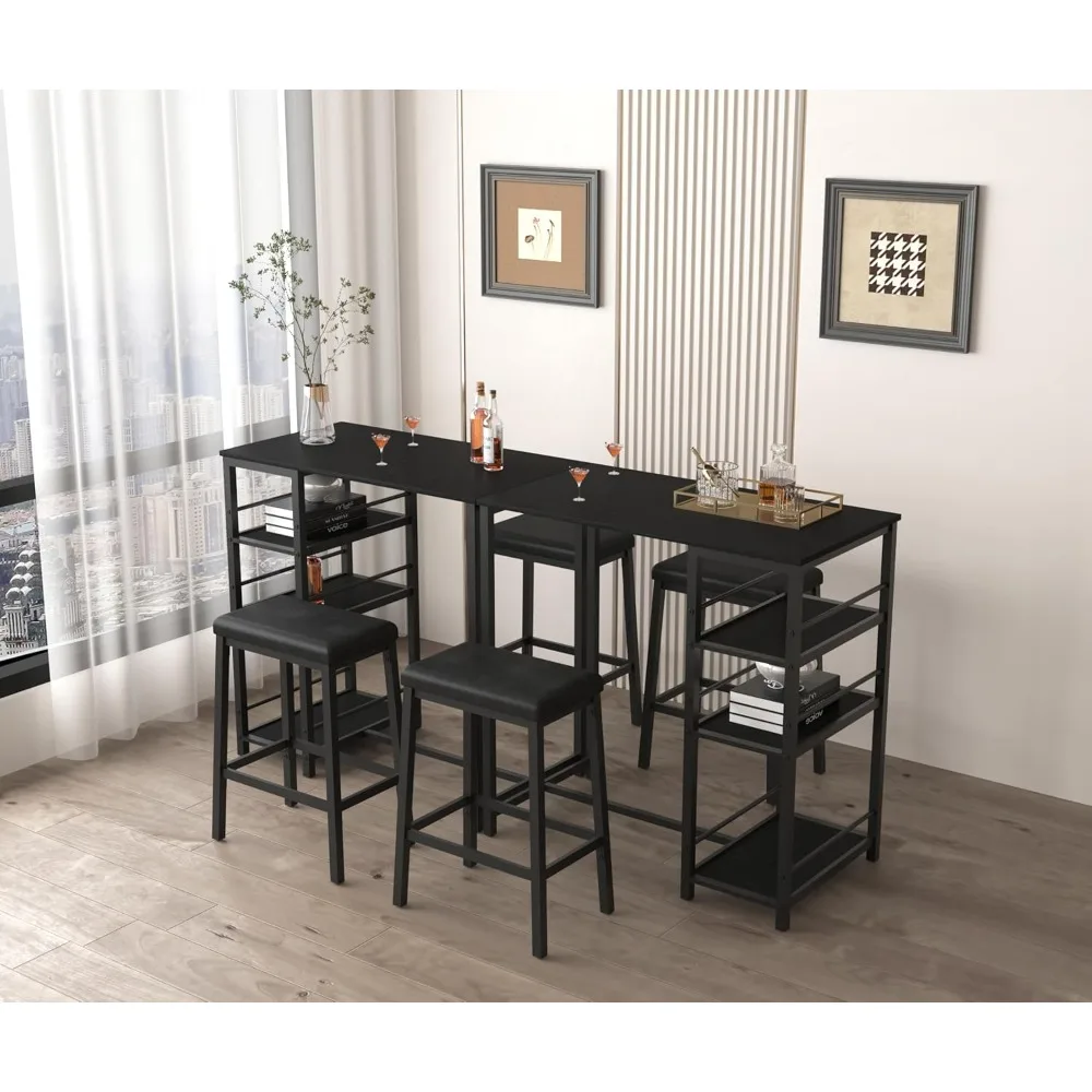 Ensemble de pub moderne 3 pièces à hauteur de comptoir avec 2 étagères de rangement et 2 tabourets de bar rembourrés en cuir PU, ensemble de table à manger pour 2 (B