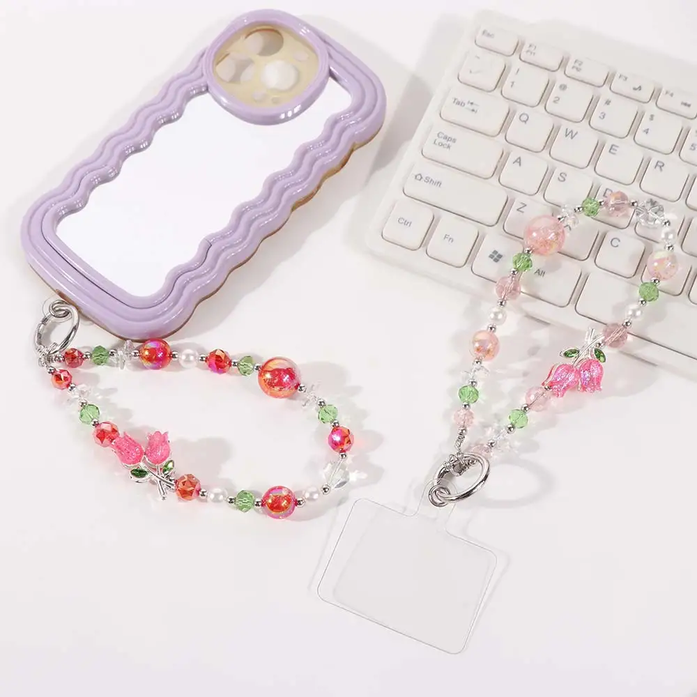 Tulip Flower Crystal Bead Phone Strap Wrist Chain Anti Loss Cell Phone Chain Sparkling Handheld Mobile Phone Lanyard