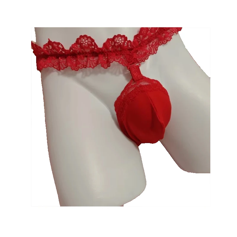 Men Mid Waist Lace Ruffle Pouch Underwear French Style Sweet Solid Red Sexy Mens Briefs Cross-dressing Sissy Lingerie