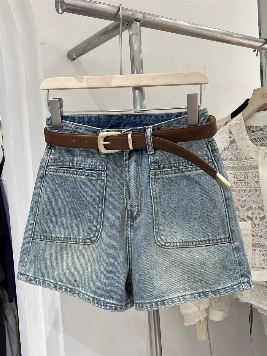 

Blue Washed Retro A-Line Denim Shorts Women's Summer High Waist Slimming High Waist Jeans Short Length Casual Fashion