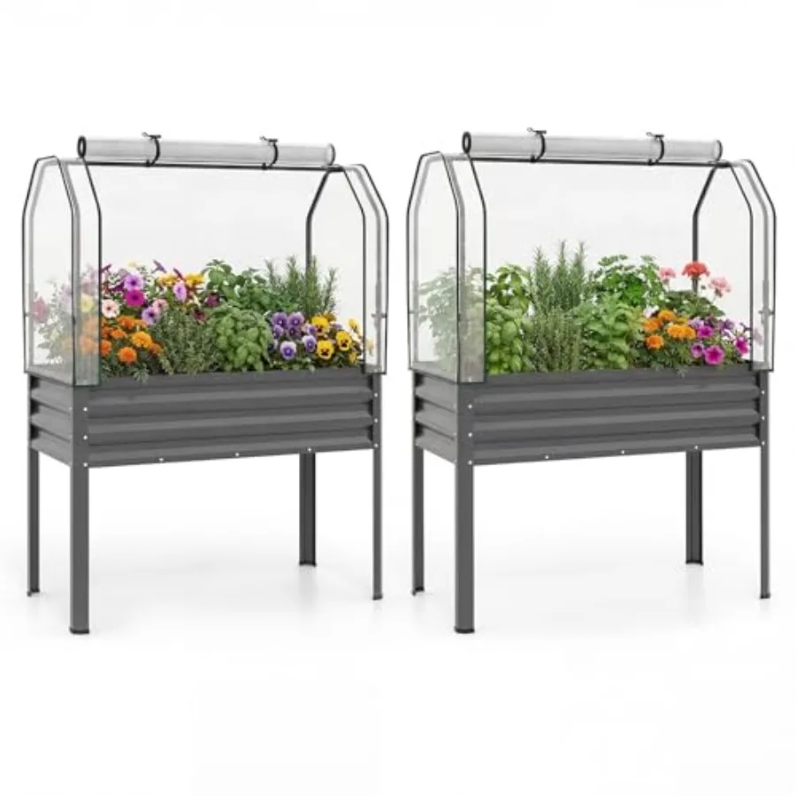 Raised Garden Bed with Legs and Greenhouse Cover, 44x22x60 Elevated Metal Planter Box with Roll-up Door, Outdoor Mini Greenhous