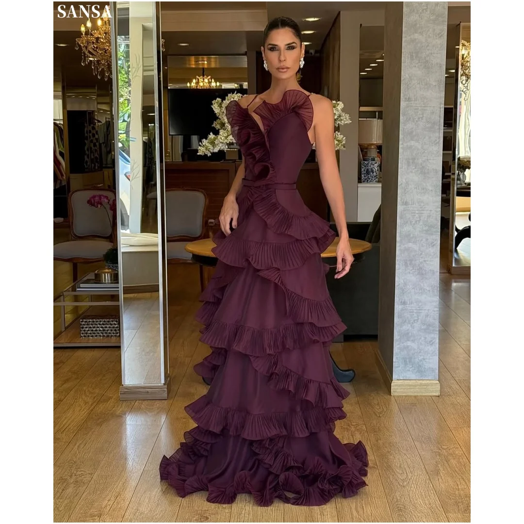 

Sansa Customized 2026 Luxury Burgundy One-Shoulder Tiered Ruffle Evening Gown with Pleated Chiffon Layers Formal Prom Dress