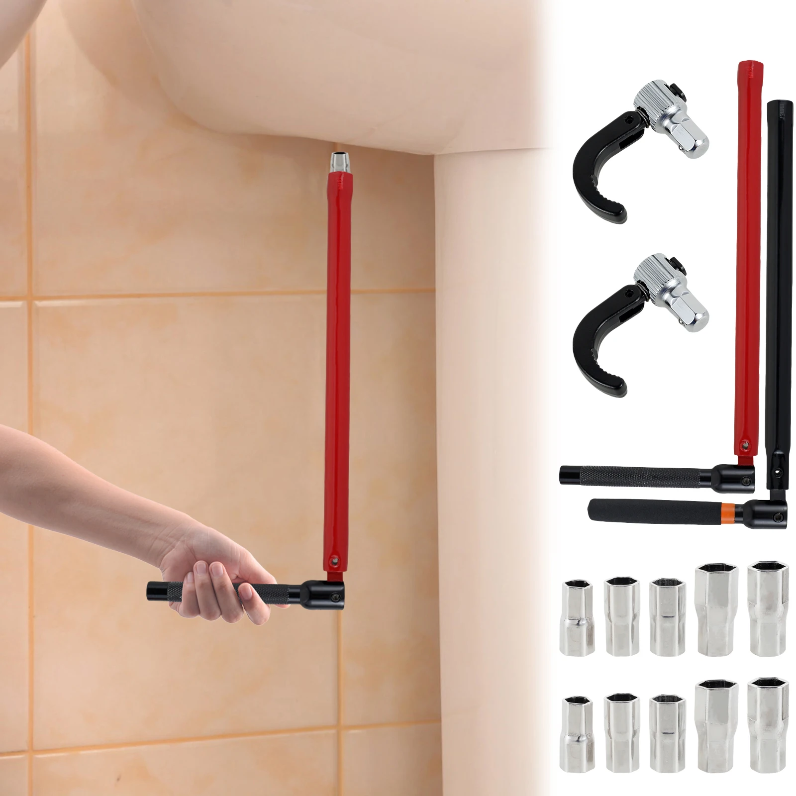 Klucz do kranu Klucz nasadowy dla hydraulików ze stali węglowej z 5 nasadkami i 1 uchwytem Nakrętka tylna do kranu Klucz do umywalki Narzędzie do montażu kranu