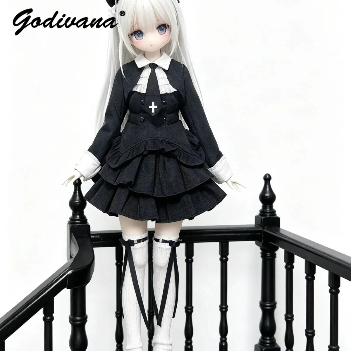 1/4 BJD Doll Clothes Sweet Gothic Nun Academy Doll Outfit Ruffle Tiered Lolita Skirt Bow Set for Regular 1/4 Large 1/4 BJD Doll - view 5