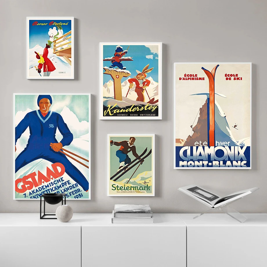 Vintage Ski Posters Classic Snowboarder Travel Winter Suisse Alps Prints Canvas Painting Wall Art Picture Home Living Room Decor