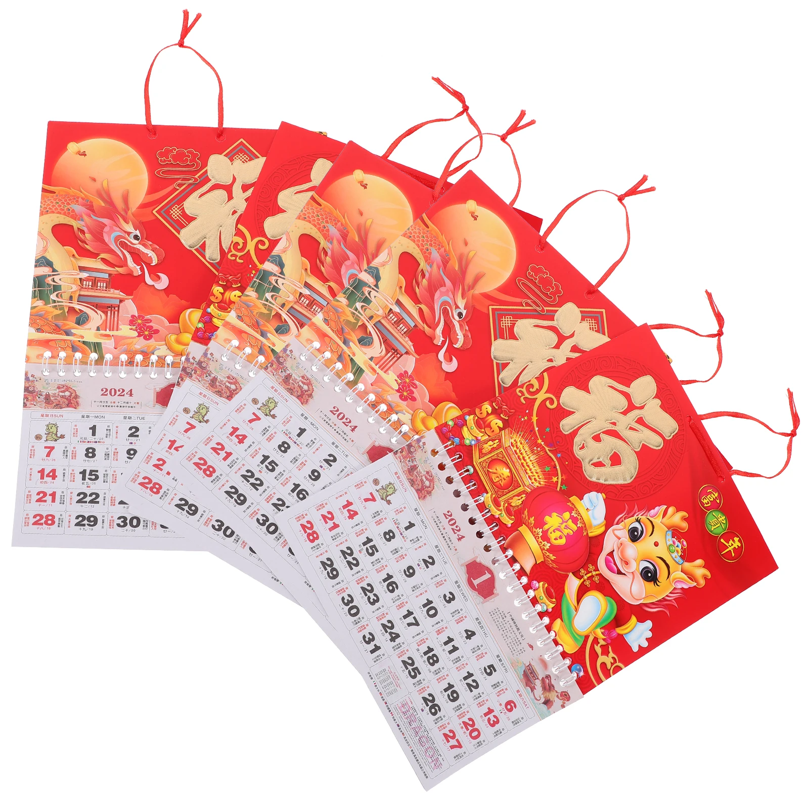 

6pcs 2024 Fortune Wall Calendars Chinese Style H Teared Medium Tag Mixed Patterns Lunar Household Hanging Daily