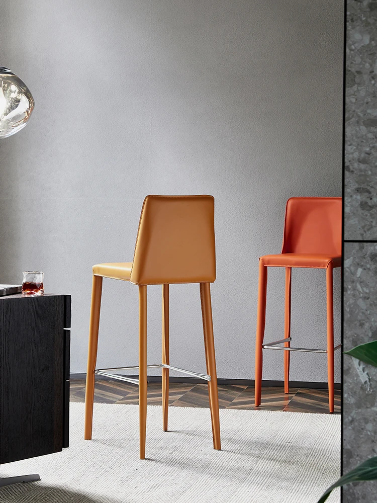 

Minimalist Bar Stool Nordic Luxury High Chair Home Saddle Leather Dining Chair Industrial Style Stool