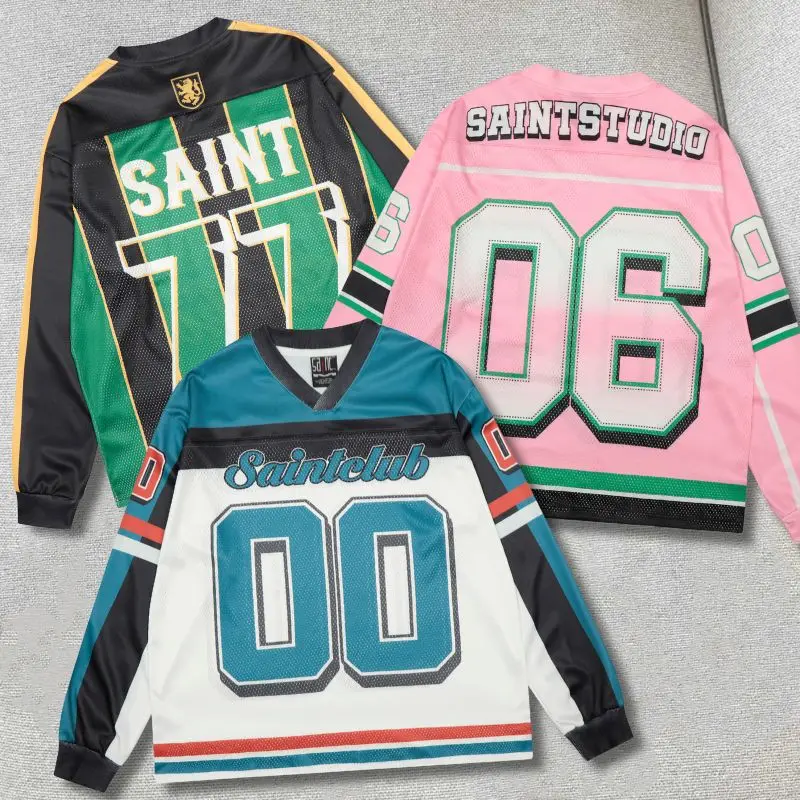 

High Quality Patchwork Mesh Sports Long Sleeve Top Loose Street Saint Retro V-neck Jersey Sweatshirts Men Women Casual Tshirts