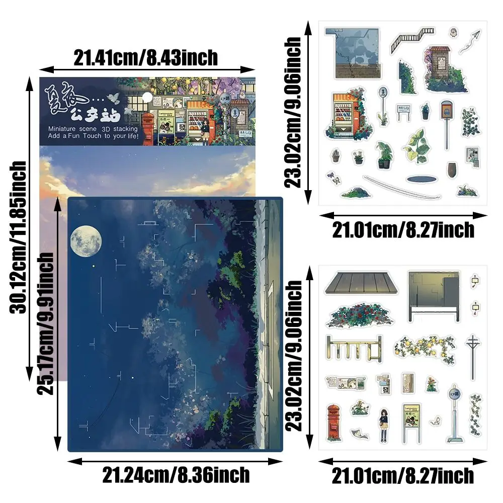 4pcs/set Summer Night Bus Stop Series Miniature Landscape Sticker DIY Large Size Cabin Scene Sticker Stress Relief Cartoon