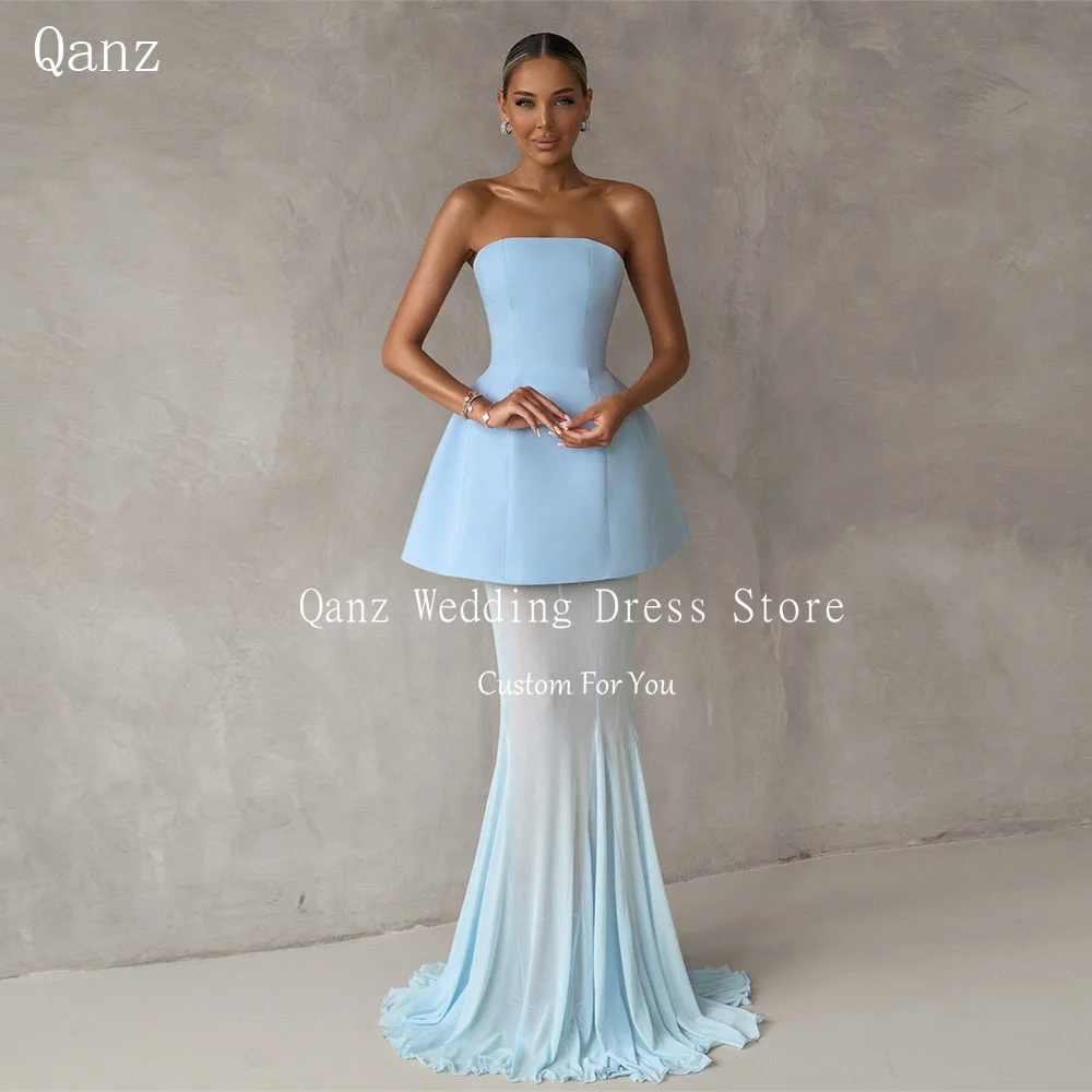 

Qanz Sky Blue Strapless Evening Dresses Sleeveless Vestidos De Noche Lace Up Back Open Back Illusion Party Prom Gowns Customized