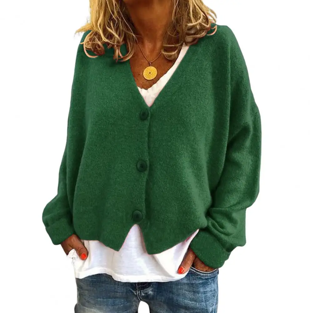 

Solid Color Jumper V-neck Knitting Sweater Coat for Women Long Sleeve Solid Color Cardigan Loose Fit Single Breasted Knitwear