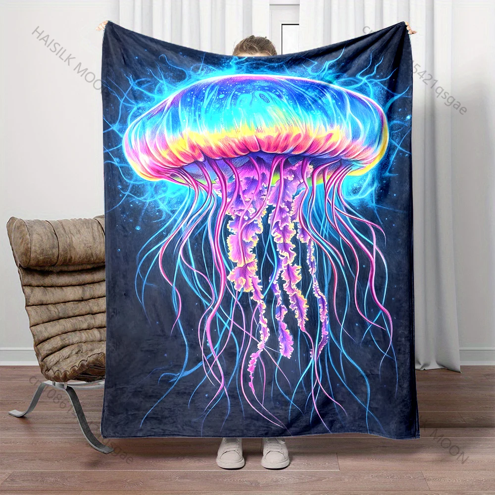1PC Colorful Glowing Jellyfish  Print Adult Children Warm Blankets Home Travel Car Soft Comfortable Suitable for all seasons