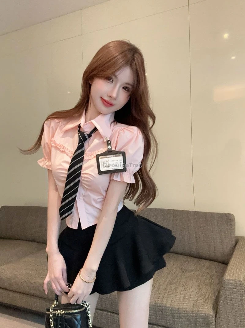 2025, koreanisches rosa Hemd mit Puffärmeln im japanischen Stil, kurzes Oberteil mit geraffter Taille, hoch taillierter Puffrock, JK-Set im Schuluniform-Stil