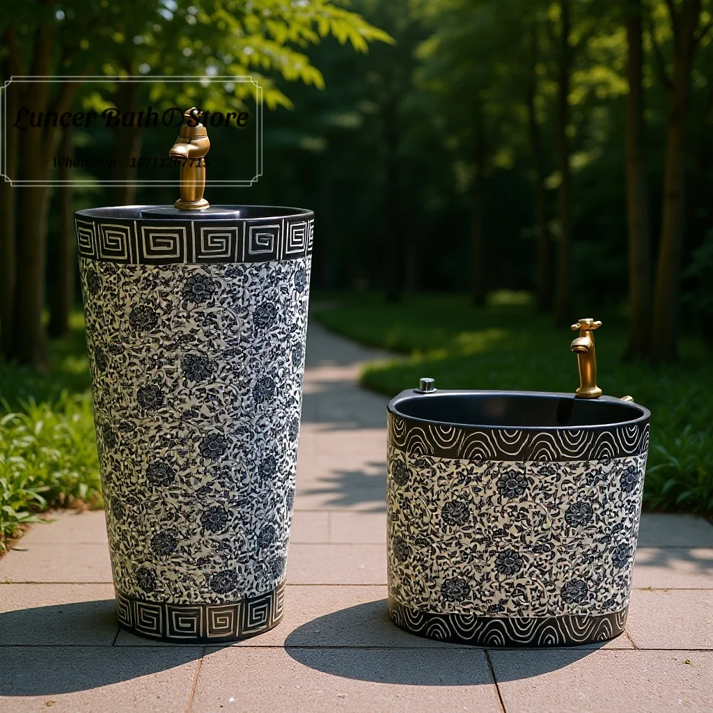 Small Size Integrated Floor Standing Pedestal Sink, Premium Jingdezhen Ceramic Art Wash Basin for Indoor and Outdoor Multi-scene