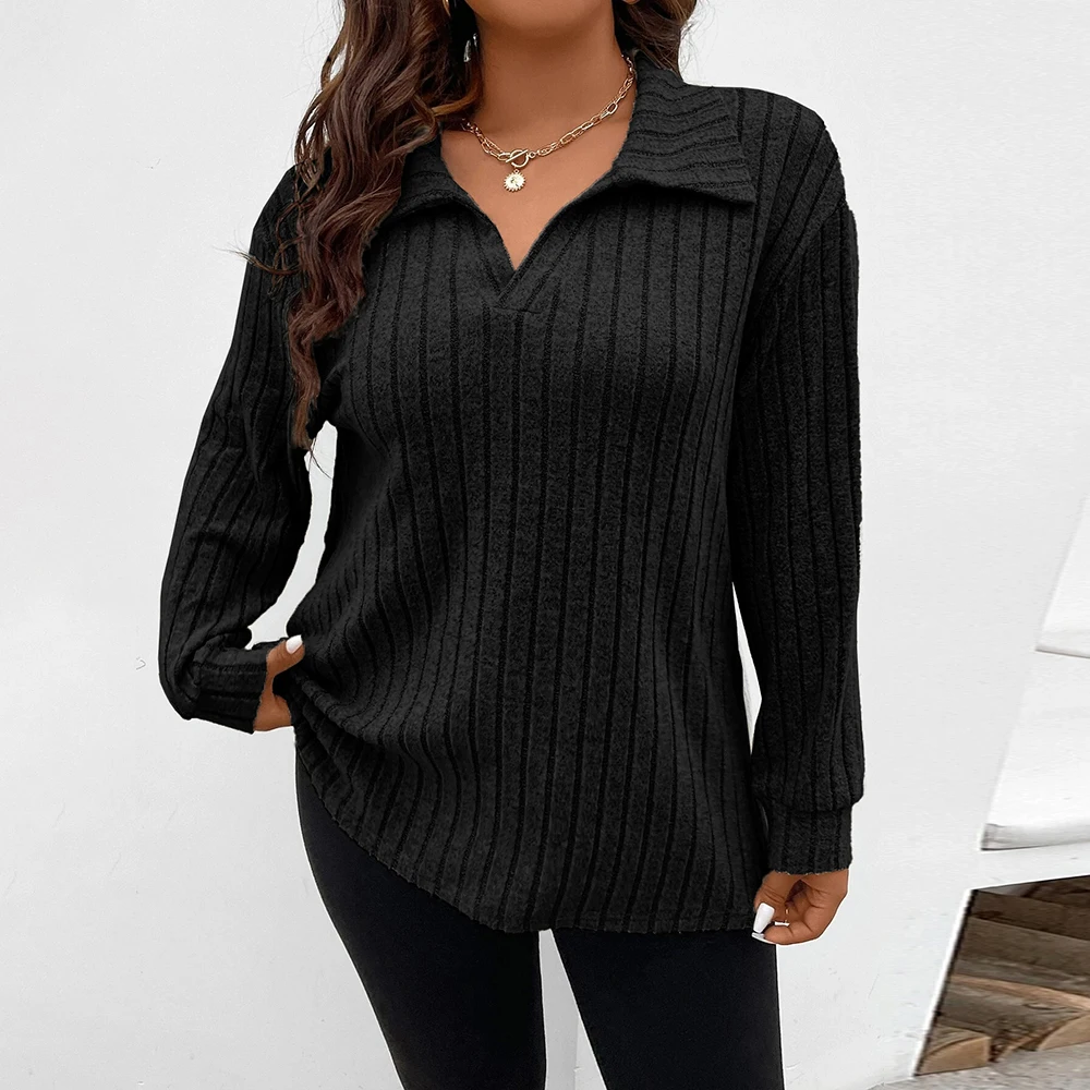 Women\'s Autumn Winter Solid V-Neck Ribbed Blouse Tunic Tops Ladies Casual Loose Pullover Clothing Plus Size