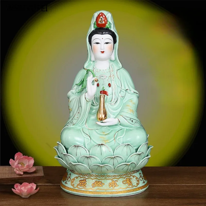 1PCS Ceramic Sitting Lotus Green Clothes Nanhai Guanyin Statue Home Furnishings for Worshiping Characters Feng Shui Ornament