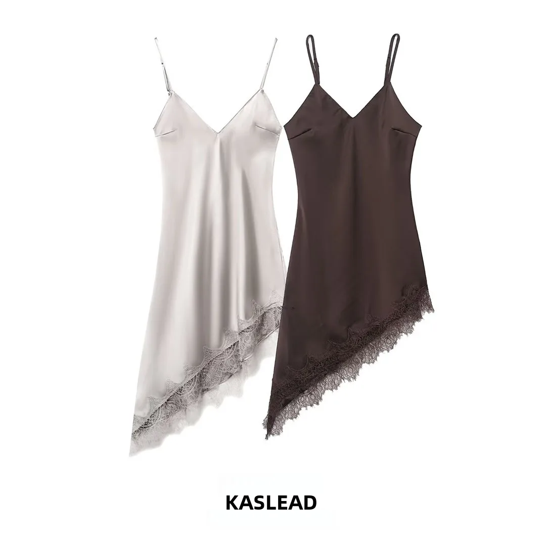 KASLEAD 신상 여성 비대칭 레이스 드 실크 새틴 텍스처 989332 패셔너블 슬림 V넥 A라인 출퇴근 드레스
