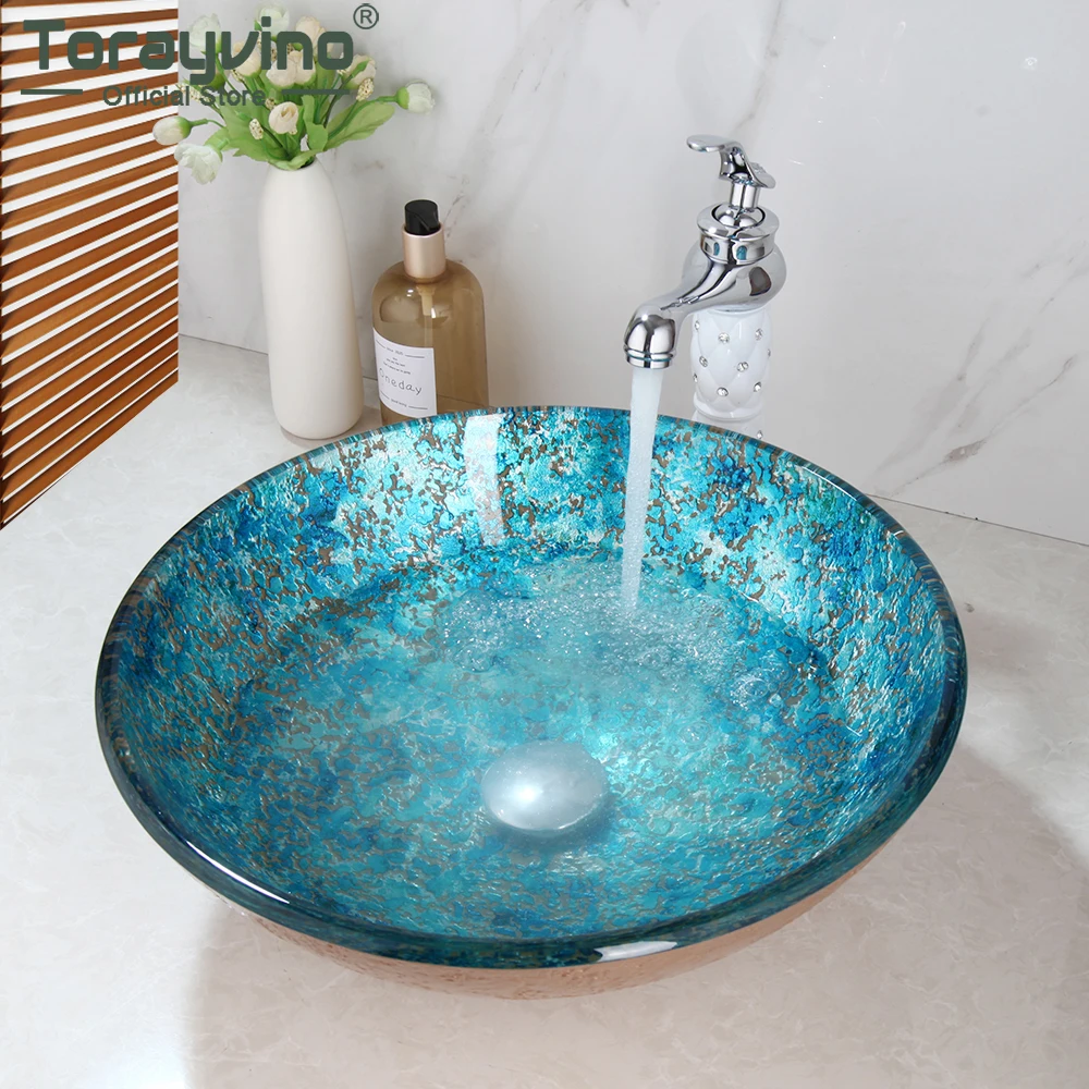 Torayvino Art Round Hand Paint Bowl Sinks / Vessel Basins Washbasin Tempered Glass Basin Sink Faucet Mixer Water Tap Combo Kit