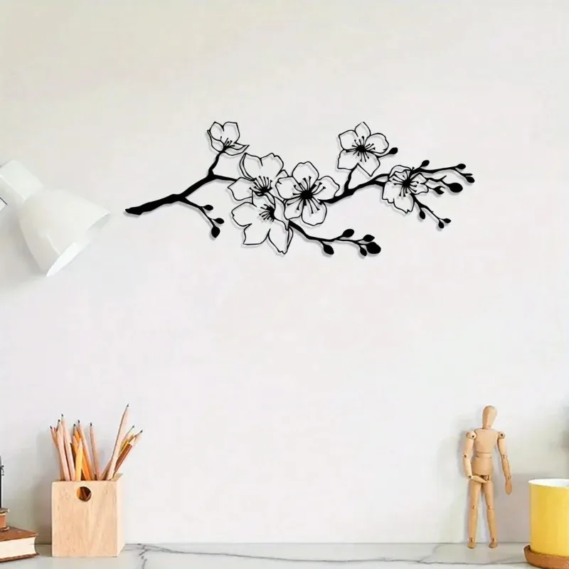 Black Cherry Blossom Metal Wall Art, Modern Iron Decor for Living Room