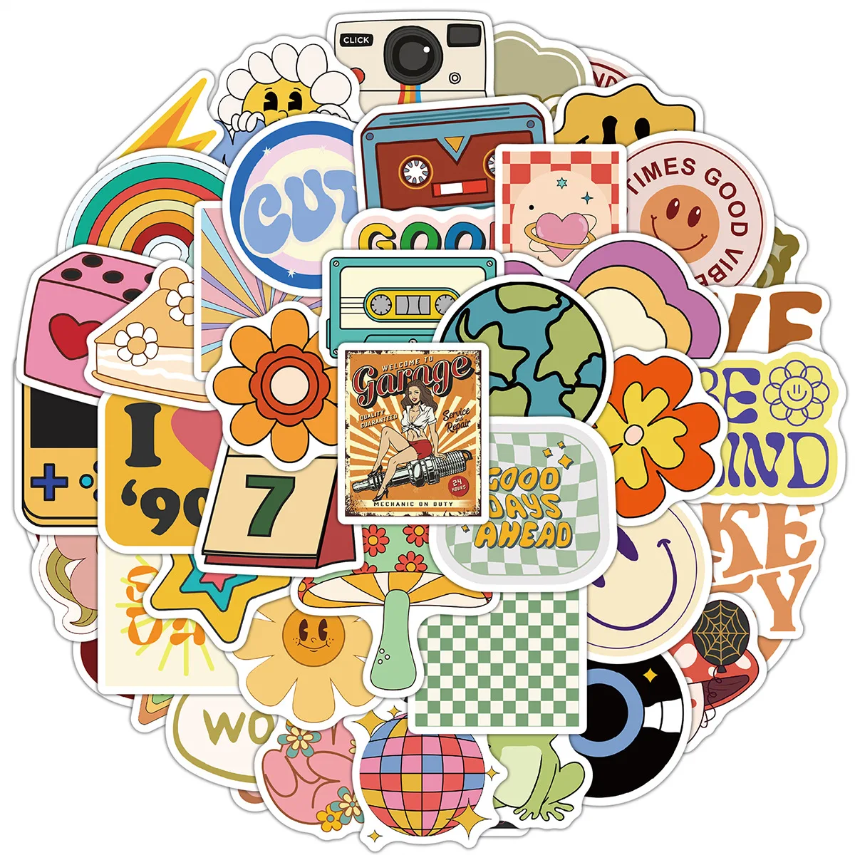50Pcs Cute Retro Aesthetic Stickers Be Kind Smile Decals For Phone Laptop Suitcase Notebook Sunflower Waterproof Stickers