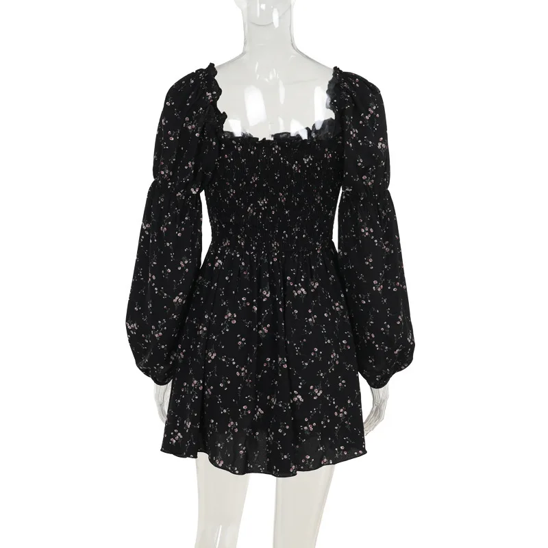 Fashion Sexy Camis Short Black Dress Women's Floral Long Puffy Sleeve Silm Mini Dresses Casual Backless Puffy Shirt Y2k Clothes