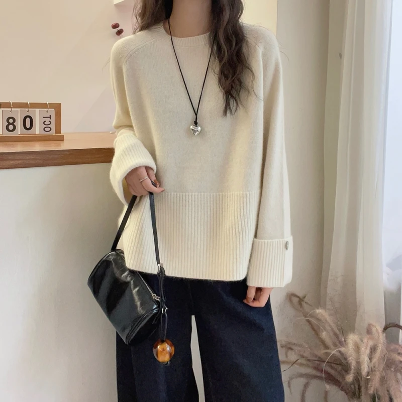 Autumn Winter New Cashmere Sweater Women's Round Neck Knitted Pullover 100% Merino Wool Thick Loose Tops Fashion Korean Clothing