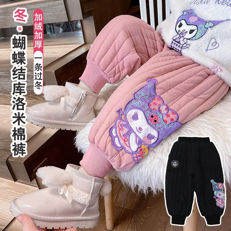 Sanrio pantalones de algodón para niña, pantalones gruesos de terciopelo para invierno, pantalones para mantener el calor, Kuromi My Melody, moda de dibujos animados Kawaii, nuevos pantalones casuales