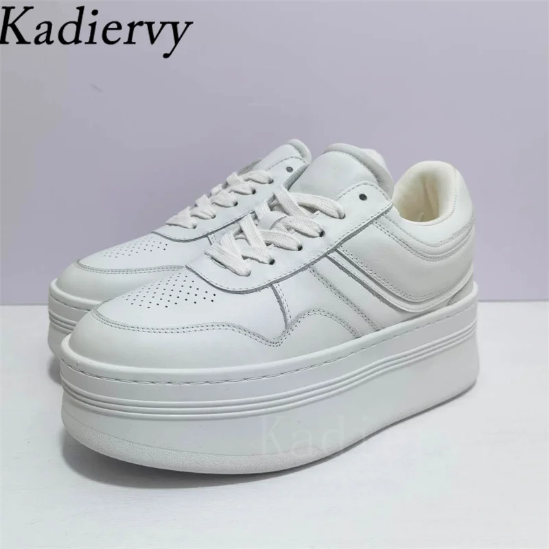 Casual Sneakers Women Genuine Leather Thick Sole White Shoes Lace Up Round Toe Outdoors Sports Shoes Platform Shoes Woman