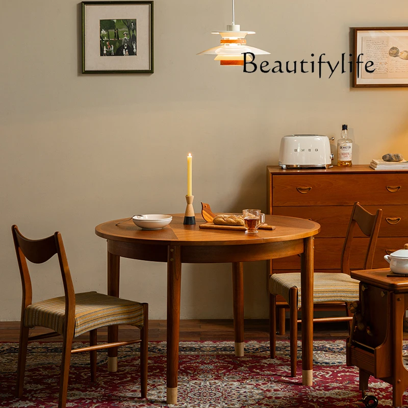 Solid wood retractable dining table Small household dining table Middle ancient retro style teak round eating table