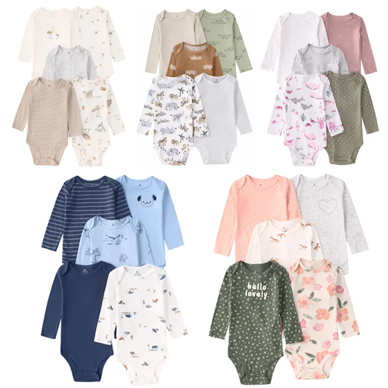 

(Baby 0-24M) Five Pieces Baby Rompers Jumpsuit Spring Autumn Children's Clothing Long-sleeved Triangular Hooded Crawling Suits