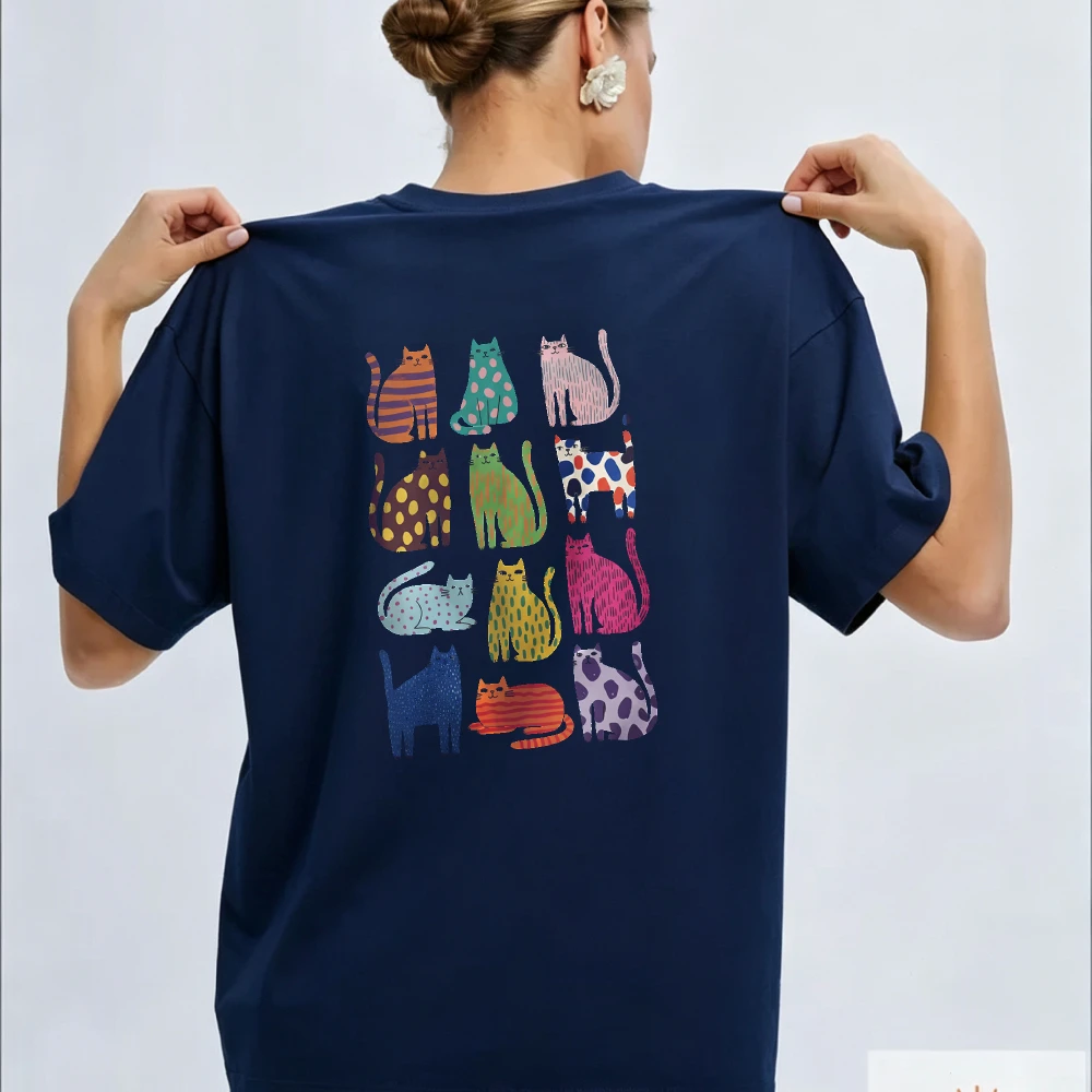 12 Grid Colorful Abstract Spotted Striped Cats Collage T Shirt Hand Drawn Multi Pattern Kitten Grid Cotton Whimsical Pet Lover