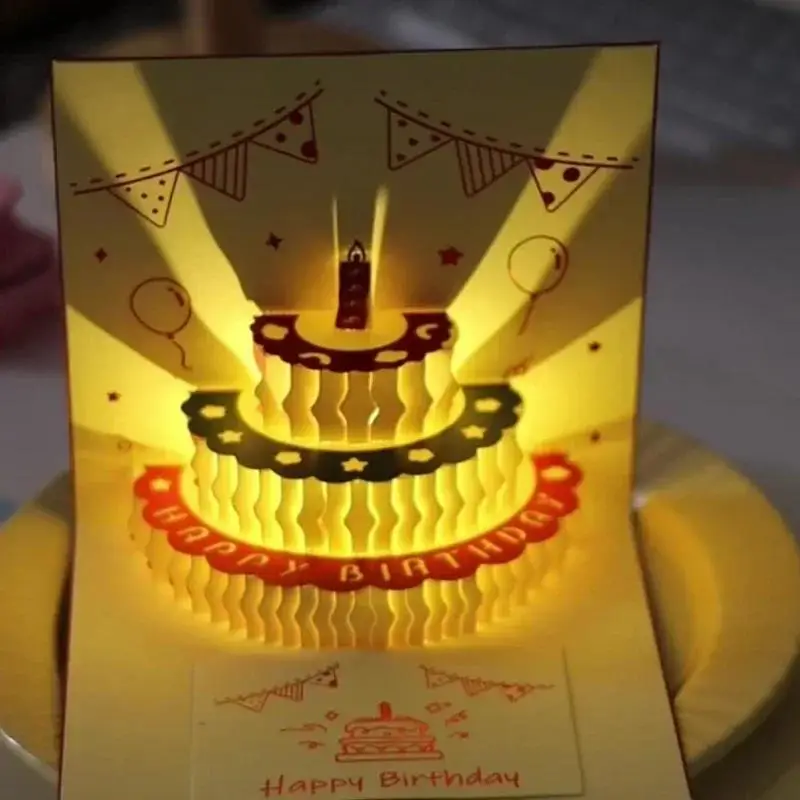 3D Light Music Birthday Card Pop Up Cake Creative Greeting Card Happy Birthday Party Gift Message Cards
