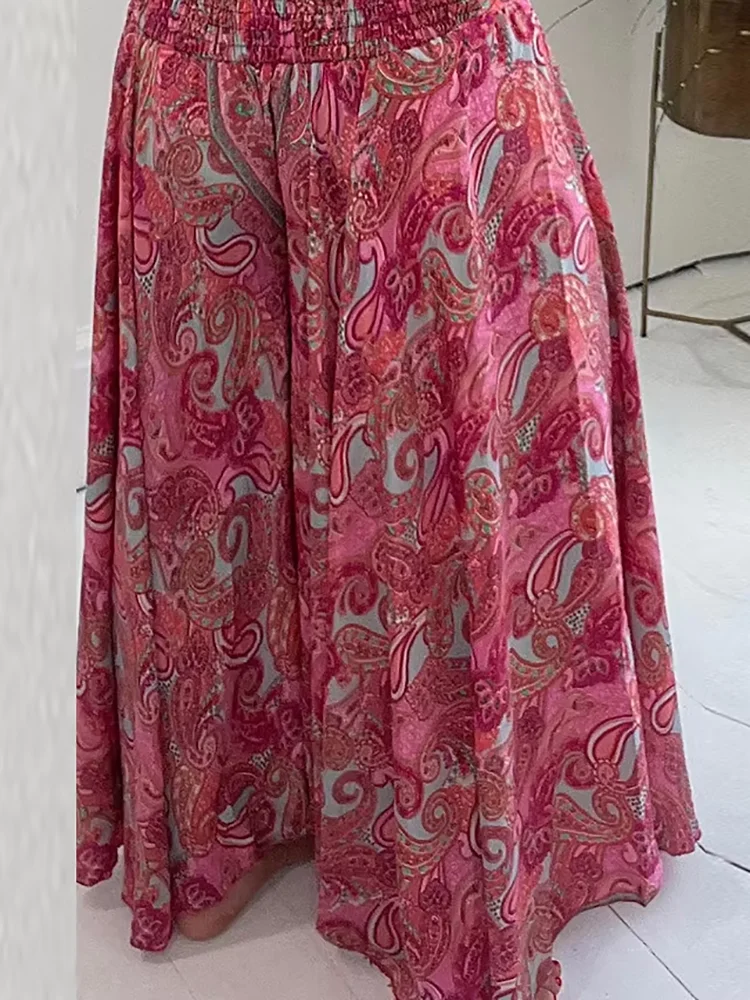 2025 Pantaloni casual a pieghe in vita elastica da donna estiva 2025 Pantaloni lunghi a gamba larga da donna con stampa vintage Pantaloni larghi Femme