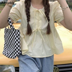 Doce puff manga blusas femininas shirring design preppy sólido estilo francês solto casual verão moda all-match feminino ulzzang