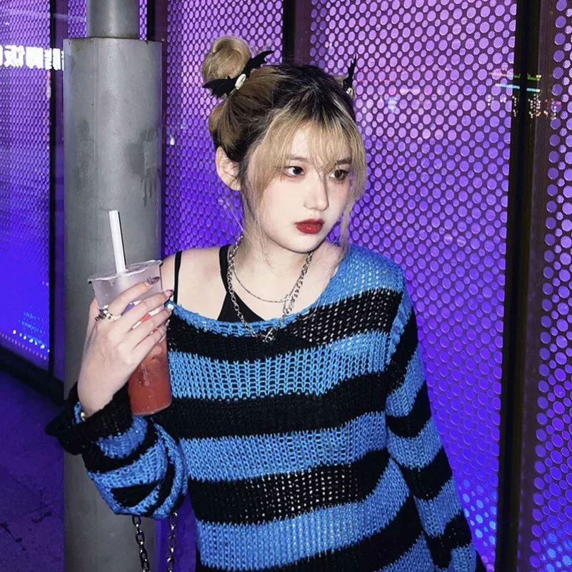 New Deeptown Gothic Streetwear Striped Knitted Gothi Sweater Women Harajuku Punk Hollow Out Jumper Hole Loose All-match Tops