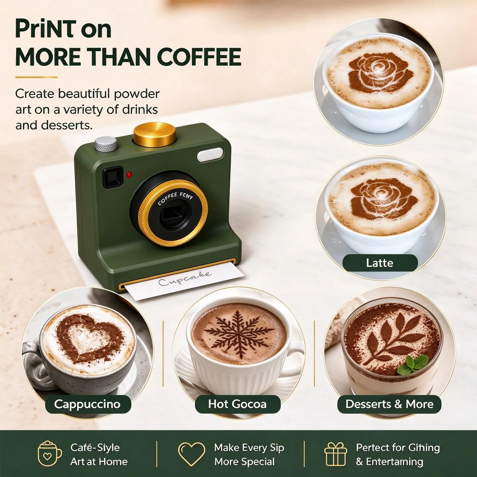 3D Printed Latte Art Camera Retro 3D Printing Cappuccino Foam Device Manual Coffee Stencil Maker Template Cards for Home Cafe