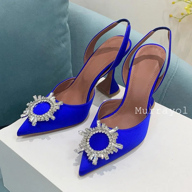 Spring Summer Fashion Crystal Decoration Satin Pumps New Women's Pointed Back Strap Solid Color Sandals Party Dress Shoes 2024