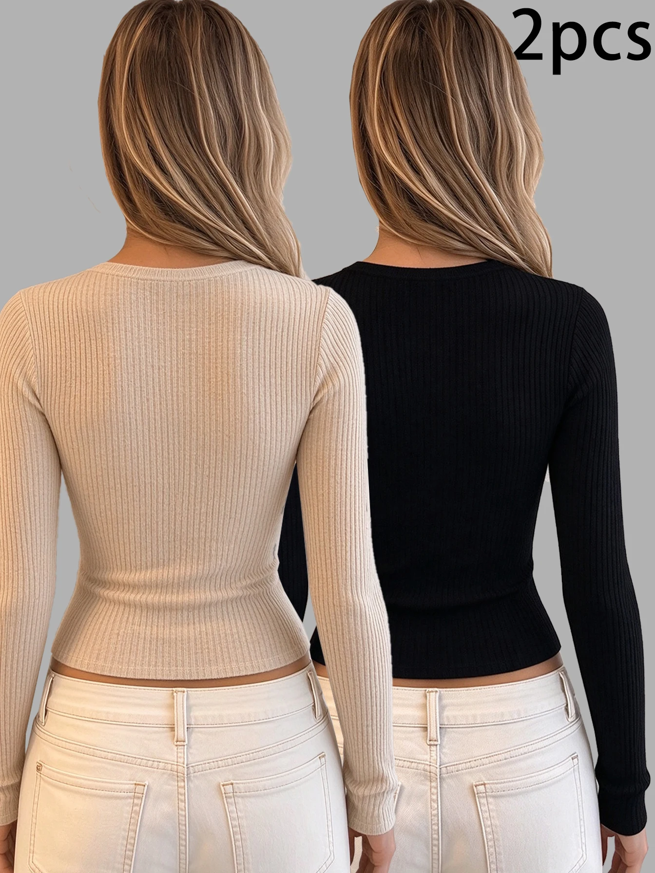 Y2K two-piece style slim-fit and figure-hugging long-sleeved T-shirt, fashionable and versatile. Deep V-neck knitted cardigan.