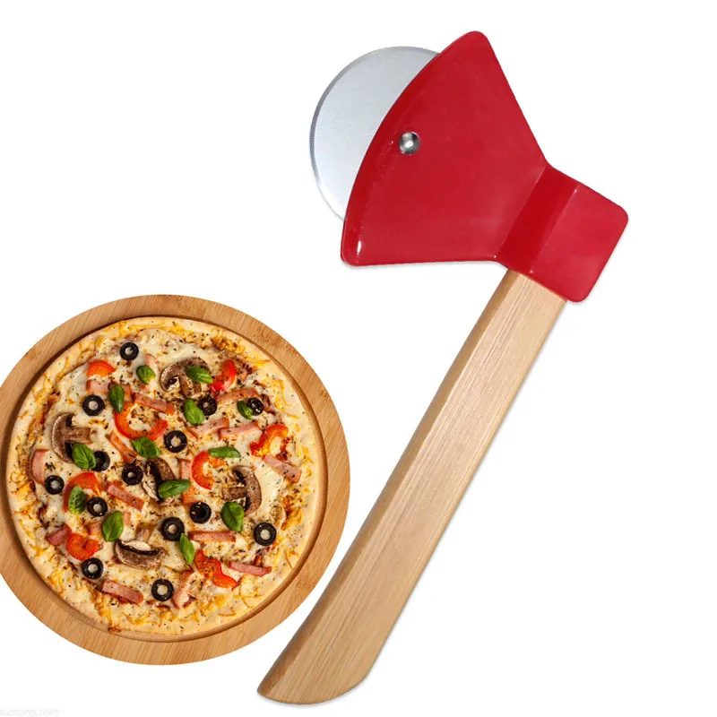 

50Pcs/Lot Stainless Steel Axe Shape Bamboo Handle Pizza Cutter Creative Round Single Wheel Pizza Hob Home Kitchen Cutting Tool