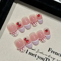 Handmade Press on Nails Sweet Pink Red Dot printed Fake Nails Wearable Full Cover Korean Short Round False Nails Tipd for Girls