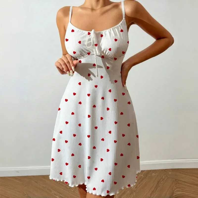 1/2pcs Women’s Heart Print Nightdress Sexy Spaghetti Strap Pajama Dress Sleeveless Lace-Up Cute Slim Fit Sleepwear