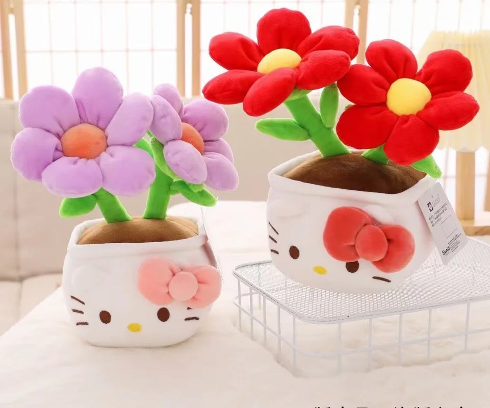 Sanrio Hello Kitty Cute Plushie Stuffed Potted Plant Ornament Plush Doll Flower Ornament Room Desktop Decoration Gifts For Girls