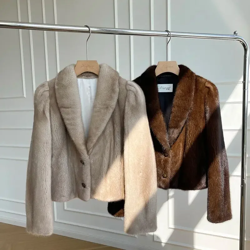 Manteau en fourrure de vison respectueux de l\'environnement, vêtements d\'extérieur vintage capricieux courts pour femmes, manteau décontracté à col