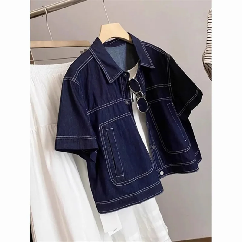 Deep Blue Retro Short Denim Shirts 2026 New Spring Summer Short Sleeved Loose Jeans Jacket Women Korean Versatile Outwear Tops