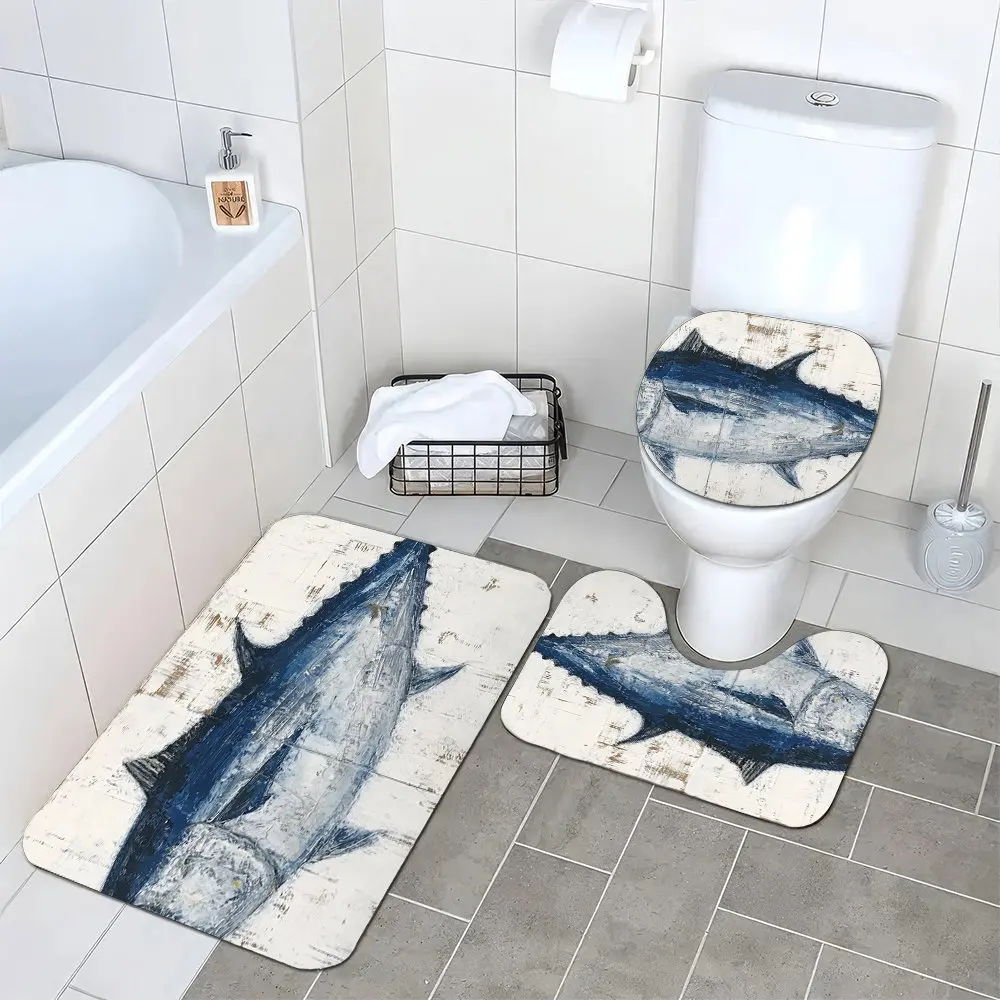 Set of 3 Shark Print Bathroom Mat Set Toilet Seat Cover and Rug for Coastal Nautical Decor